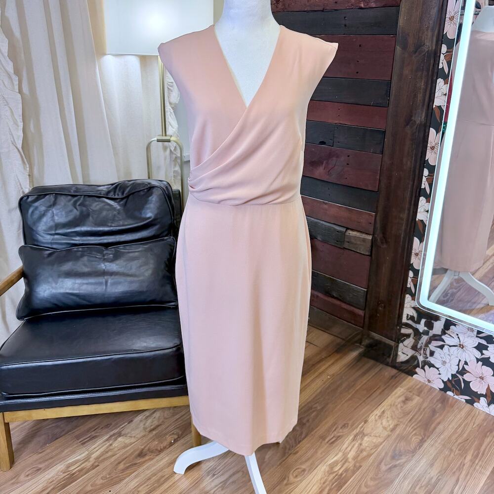 Ann Taylor Blush Pink Sleeveless Wrap Dress SZ 4 Capsule Midi Sheath Minimalist - Picture 6 of 10